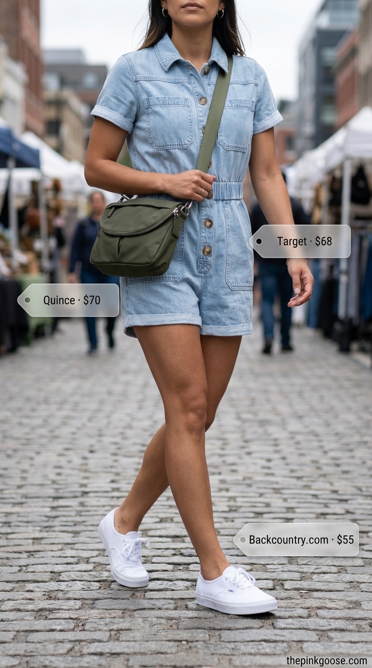 Light denim utility jumpsuit with sneakers for casual summer outfits for women 2026. Modern and practical.