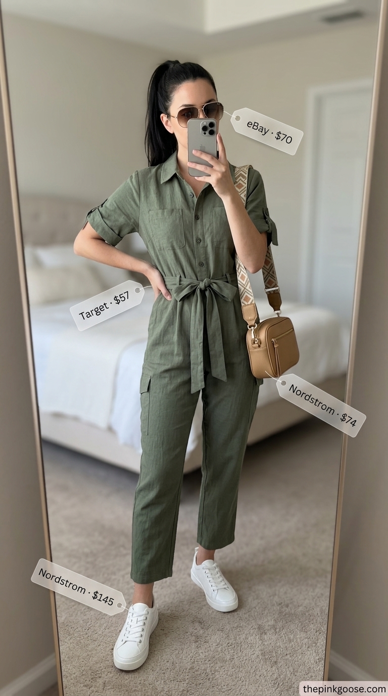 Khaki utility jumpsuit with sneakers for casual summer outfits for women 2026. Great for city adventures.