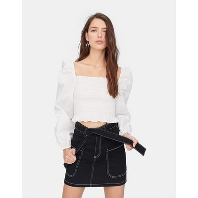 STRADIVARIUS White Smocked Square Neck Puff Sleeve Crop Top | eBay
