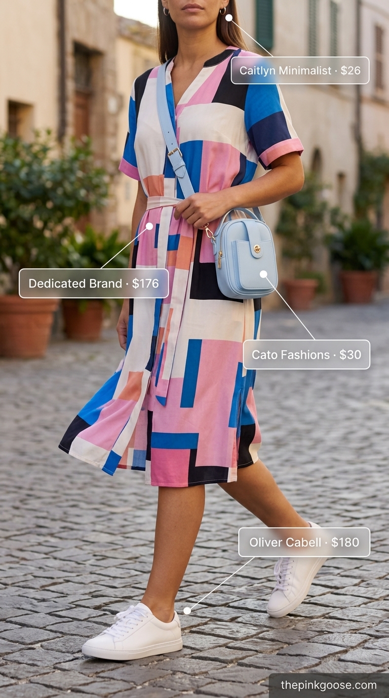 Chic summer blazer outfits 2026: Playful abstract print shirt dress with white sneakers and a light blue crossbody.