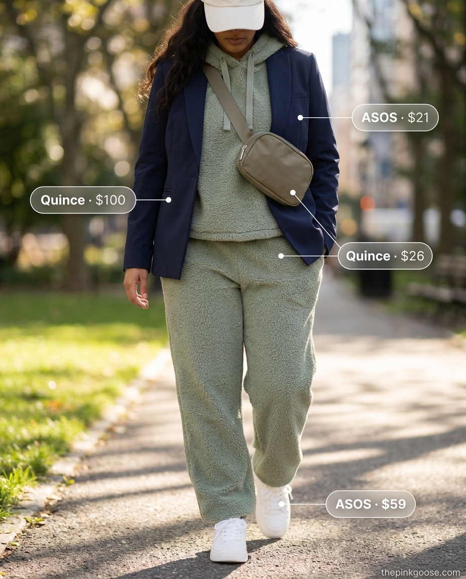 Chic summer blazer outfits 2026: Sage green athleisure set with white sneakers and cap for travel.