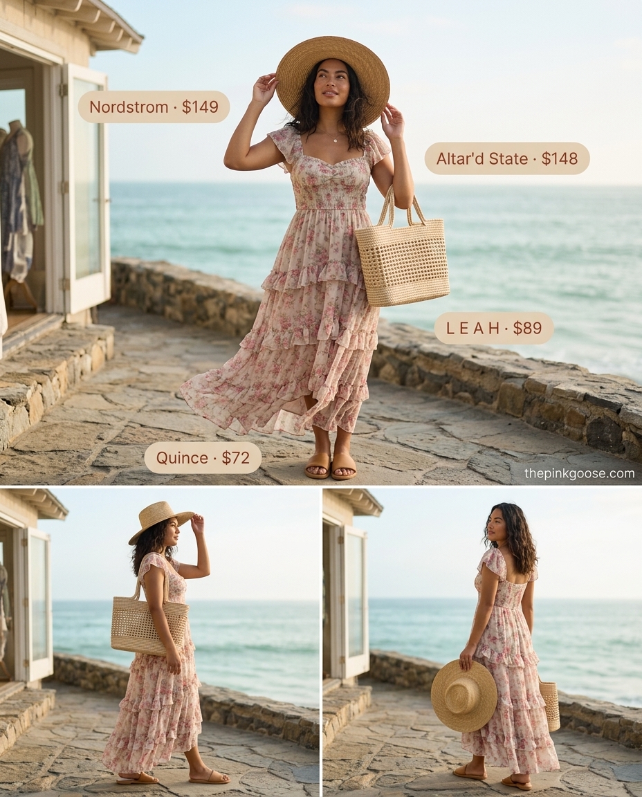 Chic summer blazer outfits 2026: Bohemian floral maxi dress with straw hat and tote for festivals.