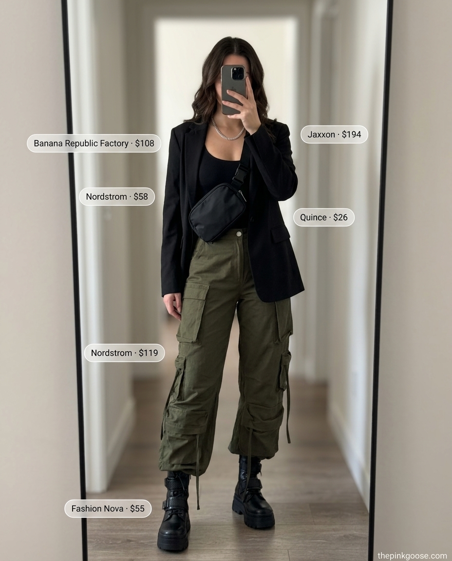 Chic summer blazer outfits 2026: Olive cargo pants, black bodysuit, blazer, and combat boots for urban exploration.