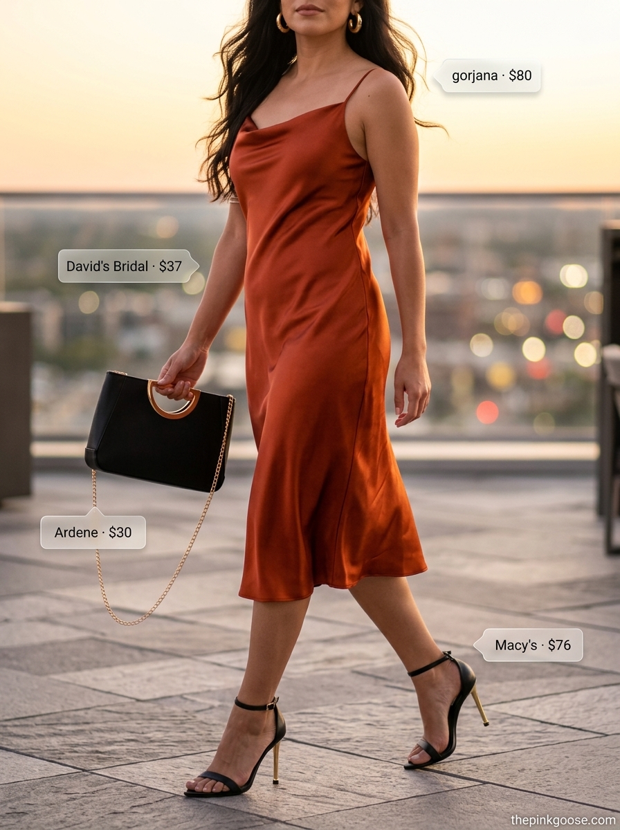Chic summer blazer outfits 2026: Vibrant coral slip dress with black heels, clutch, and gold hoop earrings for evening.