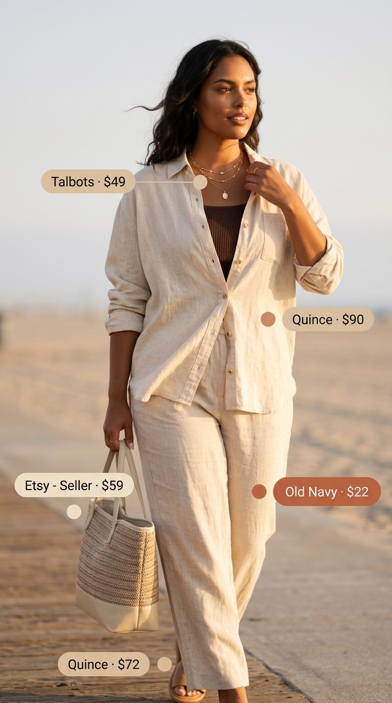 Chic summer blazer outfits 2026: Cream linen oversized shirt and wide-leg pants set with slides and straw tote.