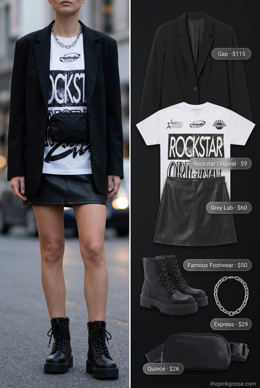 Chic summer blazer outfit 2026: Black oversized blazer, graphic tee, faux leather mini skirt, combat boots for a night out.