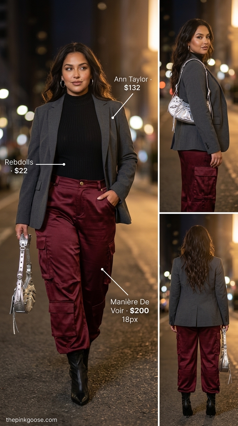 Chic summer blazer outfit 2026: Burgundy satin cargo pants, bodysuit, and ankle boots for an elevated night out.