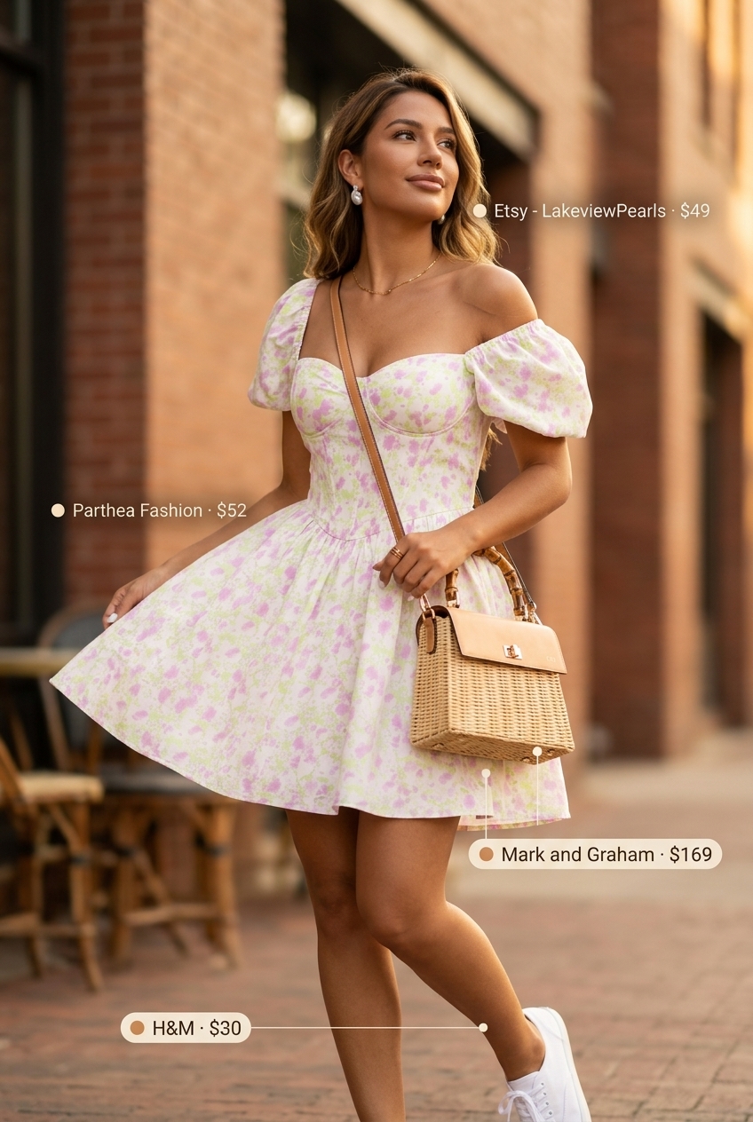 Chic summer blazer outfits 2026: Sweet pastel pink floral mini dress with white sneakers and straw bag for a date.