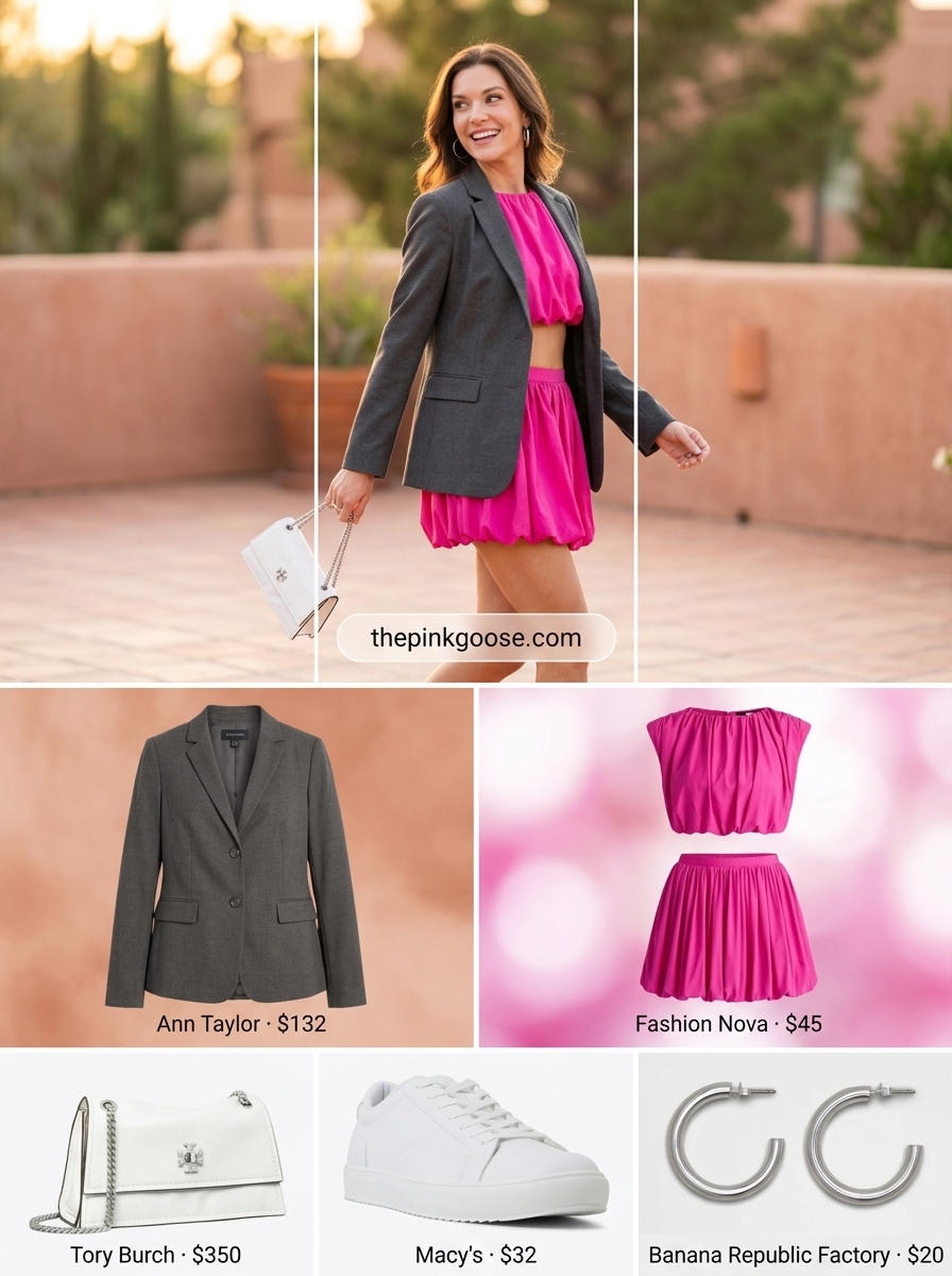 Chic summer blazer outfits 2026: Playful fuchsia mini skirt set with white sneakers and silver accents for a party.