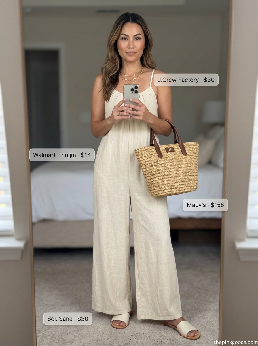 Chic summer blazer outfits 2026: Beige linen jumpsuit with gold necklaces and straw tote for vacation brunch.