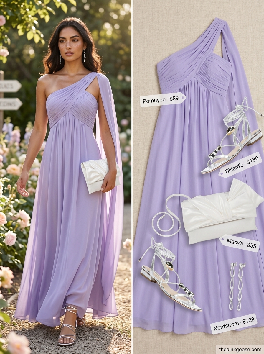 Chic summer blazer outfits 2026: Lavender maxi dress with silver sandals and clutch for garden party.
