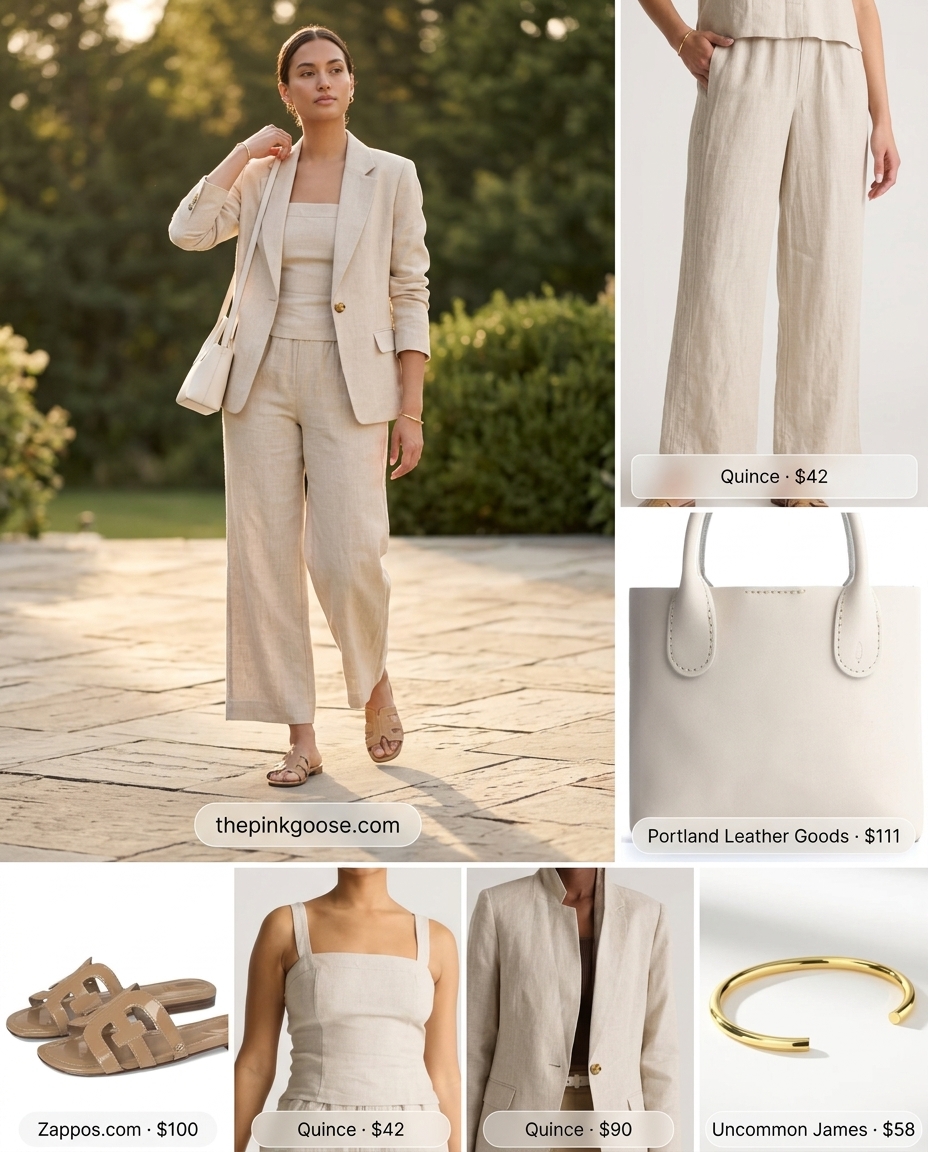 Chic summer blazer outfits 2026: Monochrome linen pants, cream tank, and gold accessories for elegant resort wear.