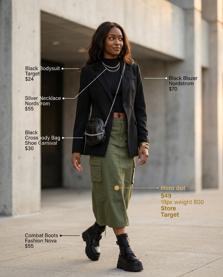 Chic summer blazer outfits 2026: Edgy olive green cargo midi skirt, black bodysuit, combat boots, and silver jewelry.