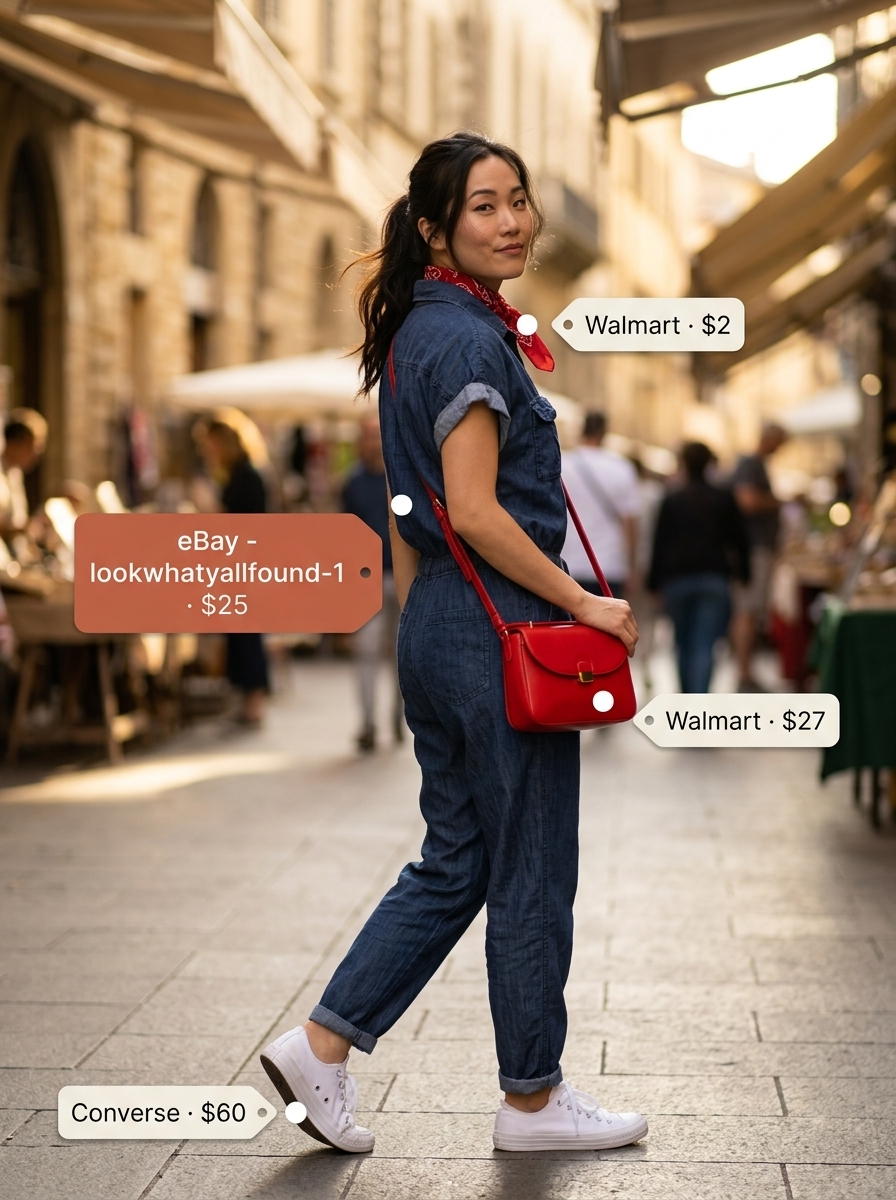 Chic summer blazer outfit 2026: Denim jumpsuit with sneakers and bandana for a retro casual look.