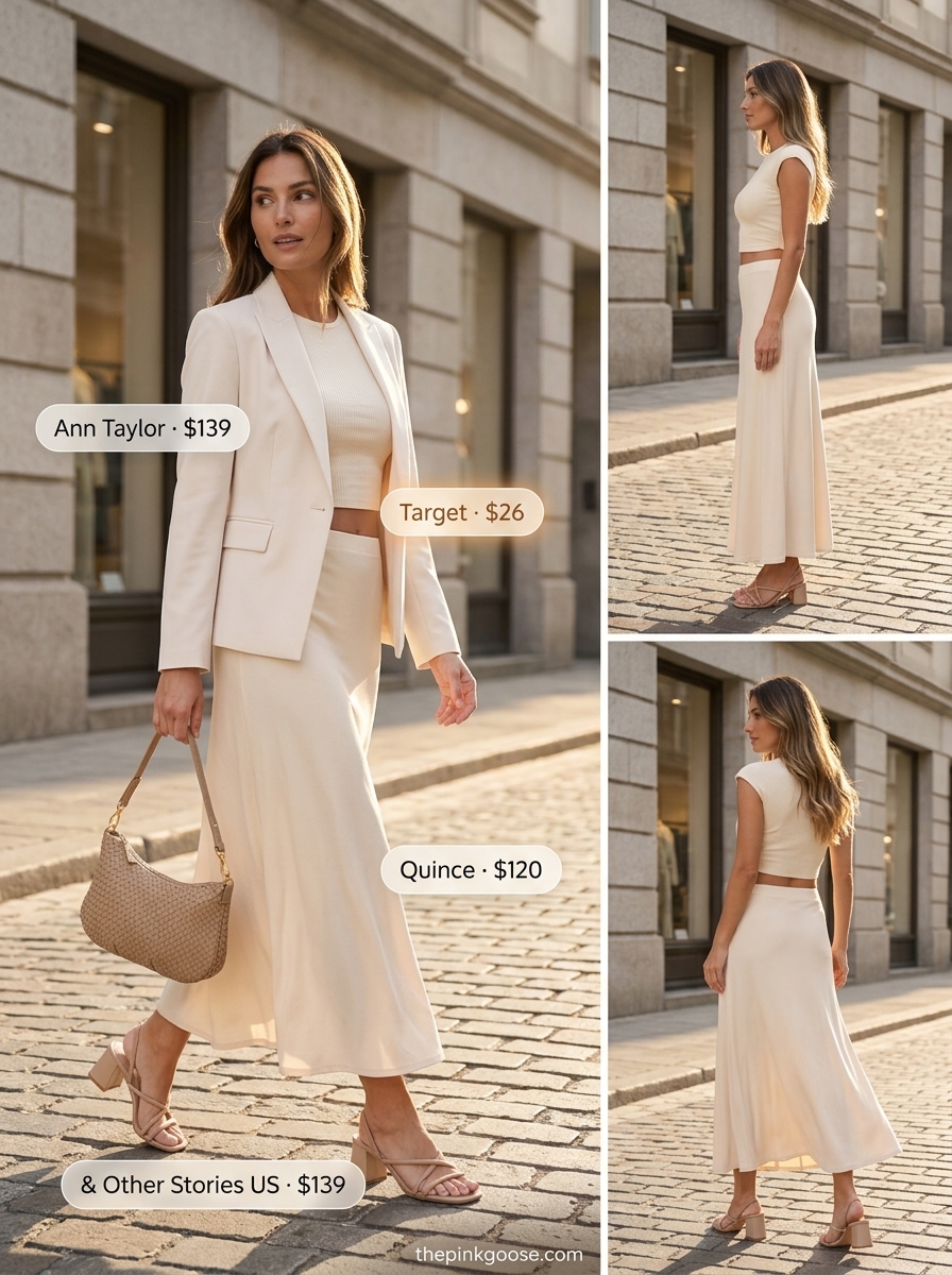 Chic summer blazer outfit 2026: Knit midi skirt set with heeled sandals and shoulder bag for a polished look.