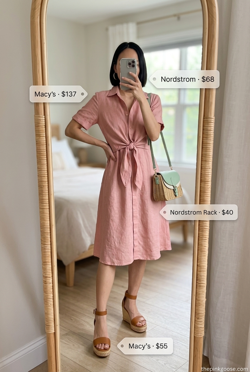 Chic summer blazer outfit 2026: Coral linen shirt dress with espadrilles and straw bag for a summer dinner.