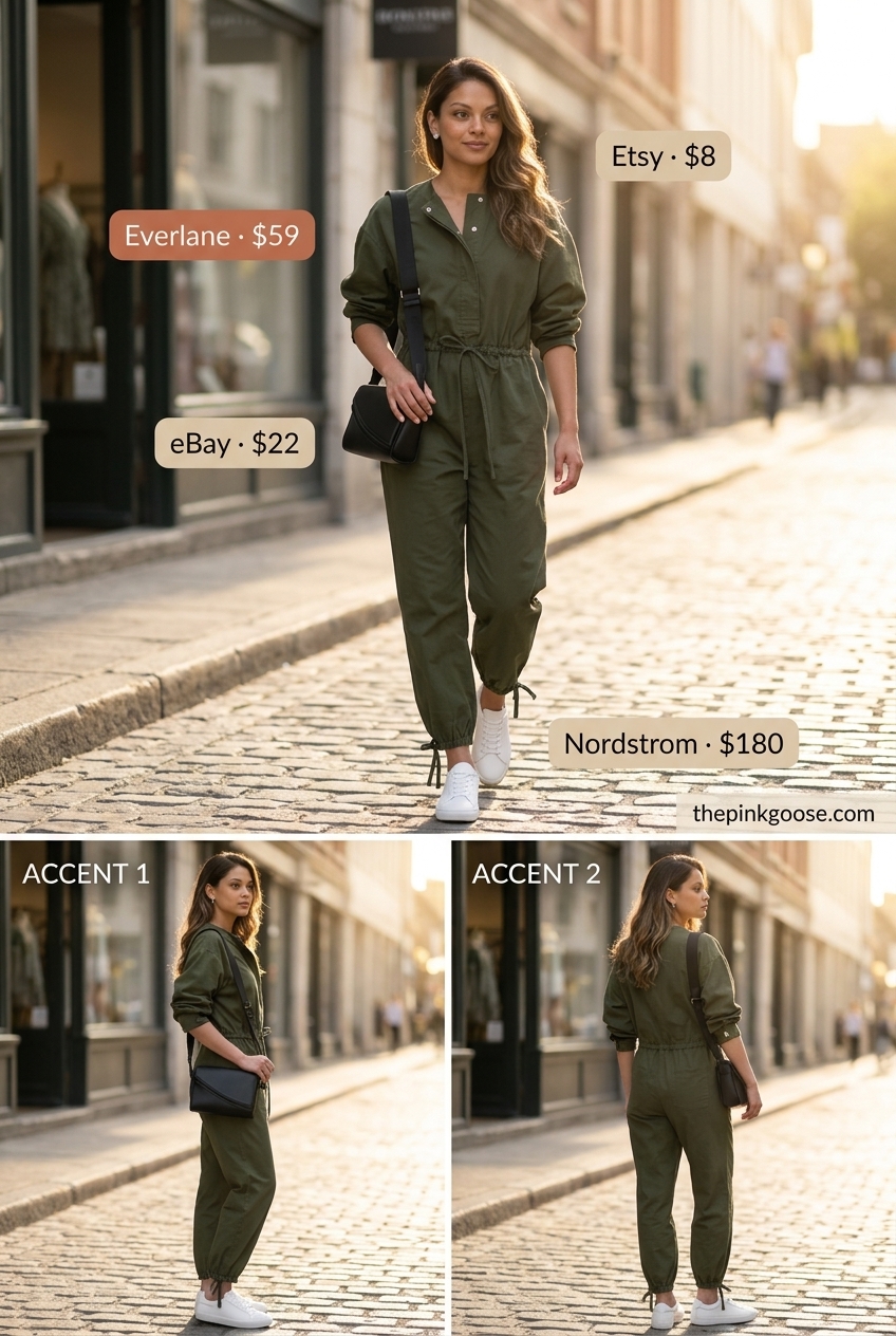 Chic summer blazer outfit 2026: Olive utility jumpsuit with sneakers and crossbody bag for effortless style.