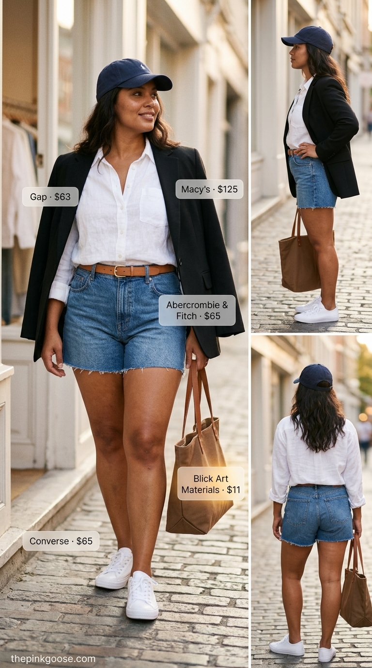 Chic summer blazer outfit 2026: Denim shorts, linen shirt, sneakers, and cap for a casual weekend explorer look.