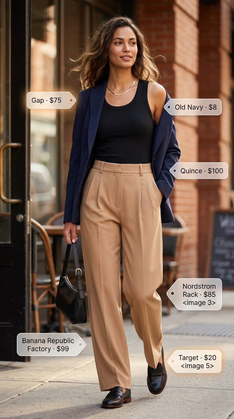 Chic summer blazer outfits 2026: Camel wide-leg pants, black tank, loafers, and shoulder bag for sophisticated brunch.