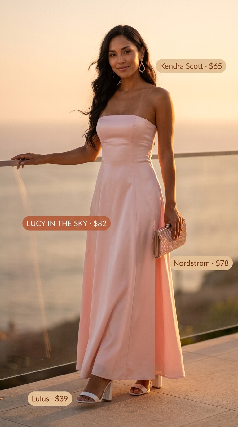 Chic summer fashion outfit: Blush pink maxi dress, cream sandals, and rose gold jewelry for a romantic evening.