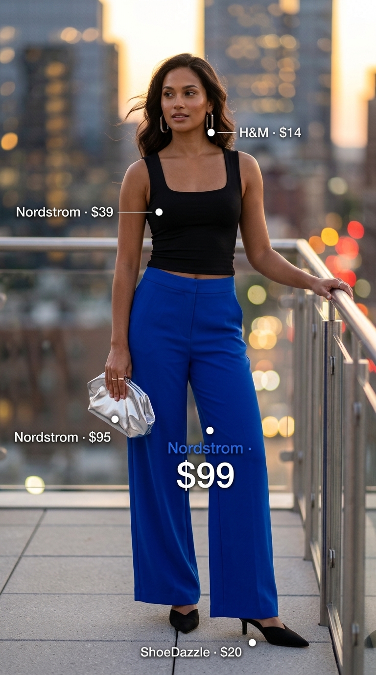 Chic summer fashion outfit: Cobalt blue wide-leg trousers, black top, and silver accessories for city events.