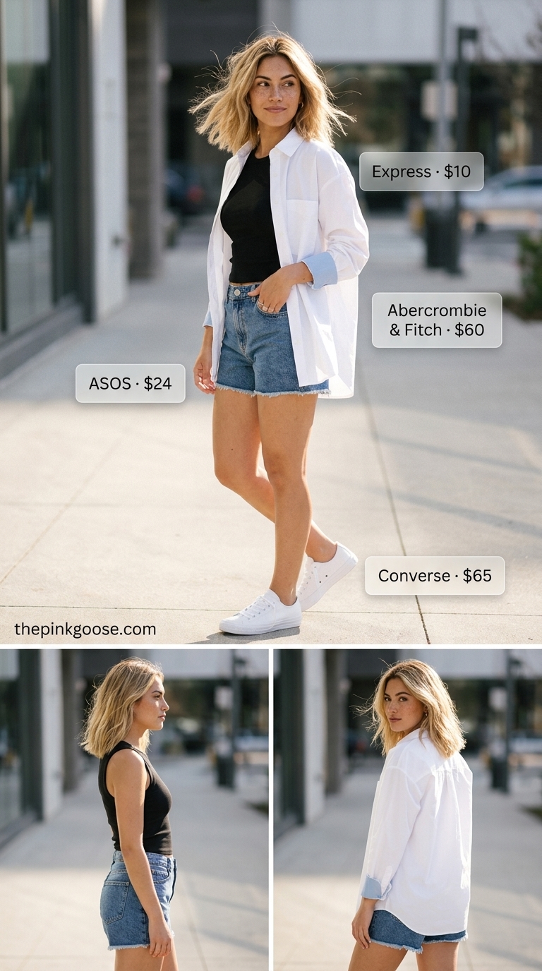 Chic summer fashion outfits for women 2026: Denim shorts, white shirt, ribbed tank, belt bag, and white sneakers.
