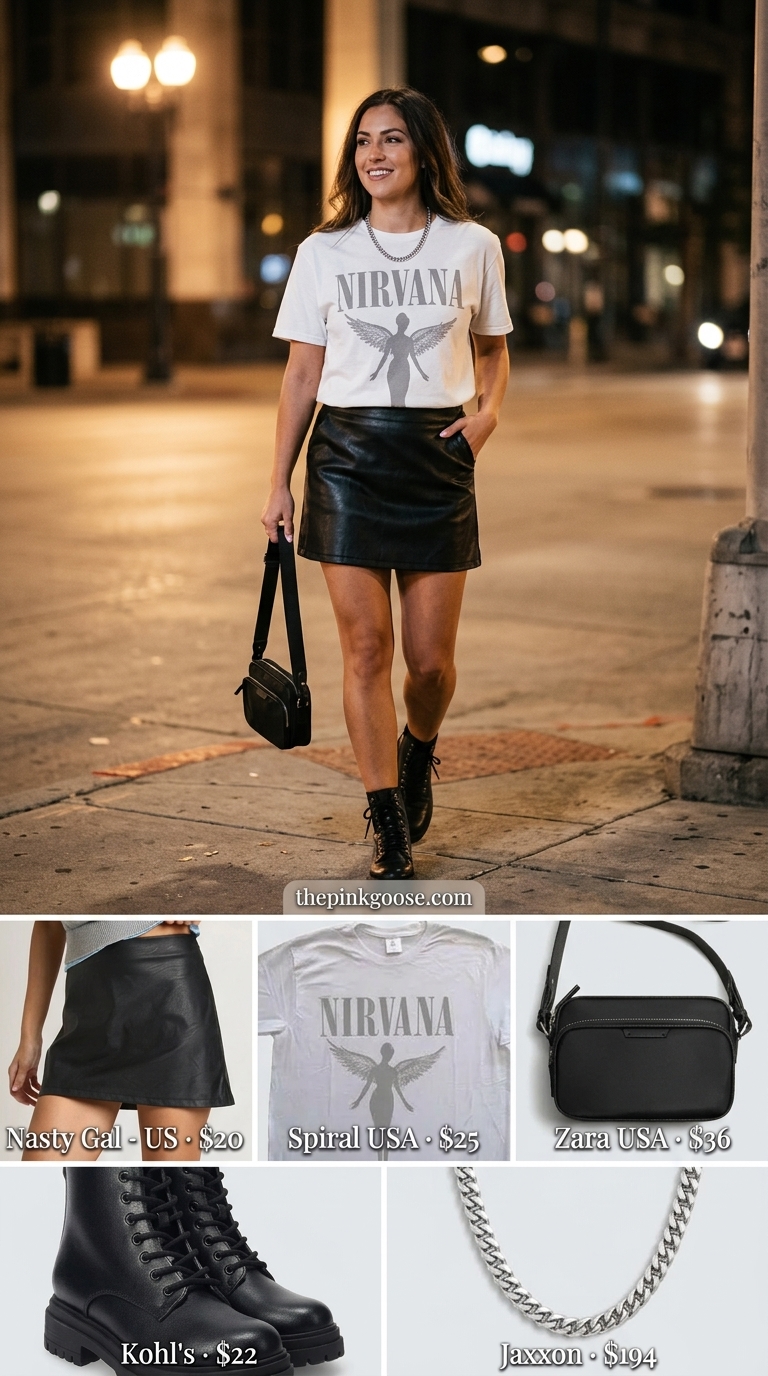 Chic summer fashion outfit: Black faux leather skirt, graphic tee, and combat boots for an edgy look.