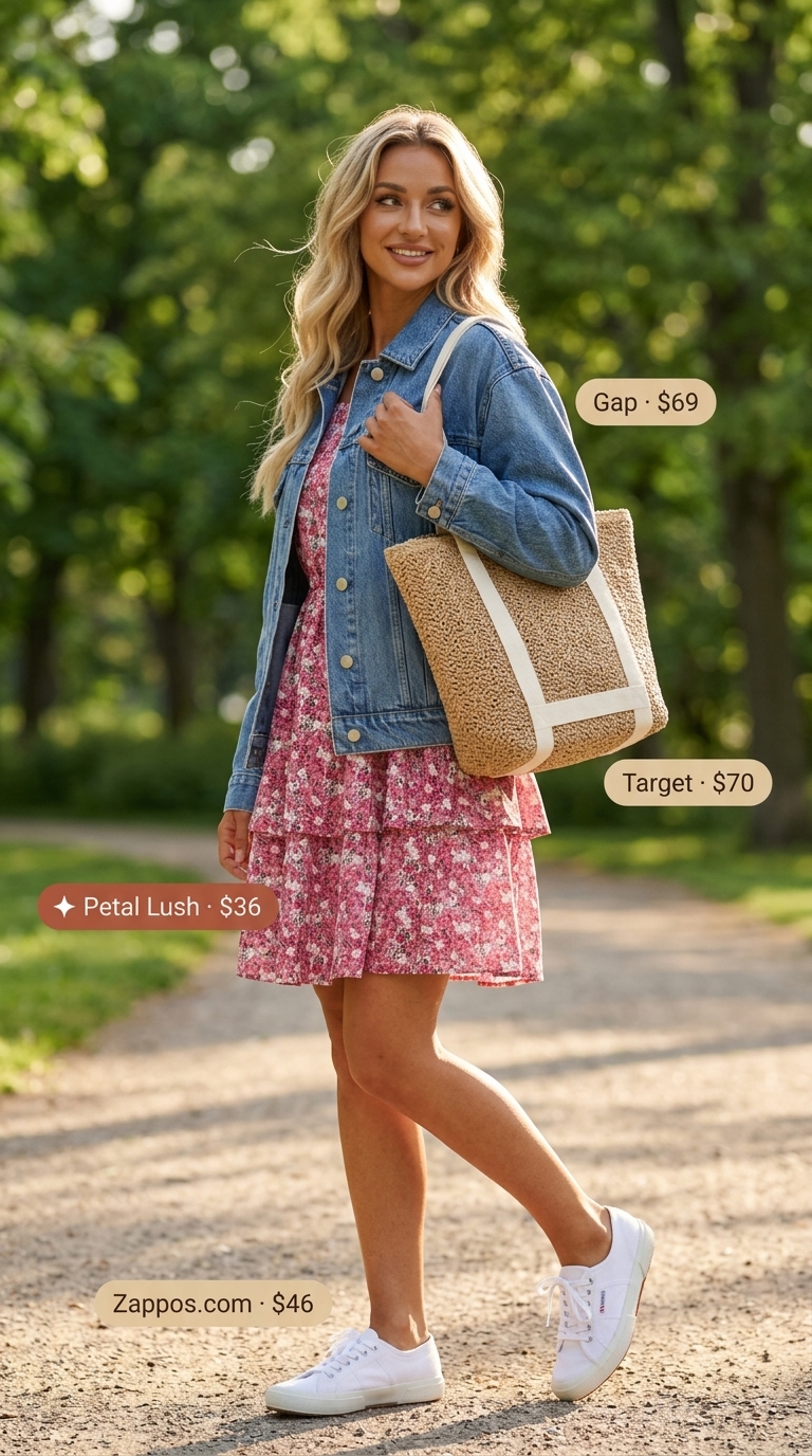 Chic summer fashion outfit: Pastel floral mini dress, denim jacket, and straw tote for a picnic.