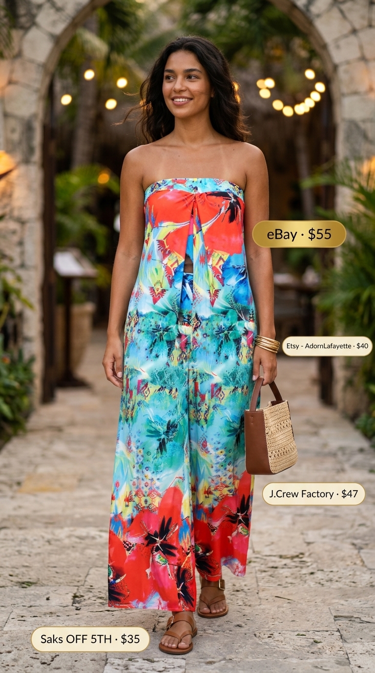 Chic summer fashion outfit: Teal & coral print wide-leg jumpsuit, raffia bag, and gold bangles for vacation.