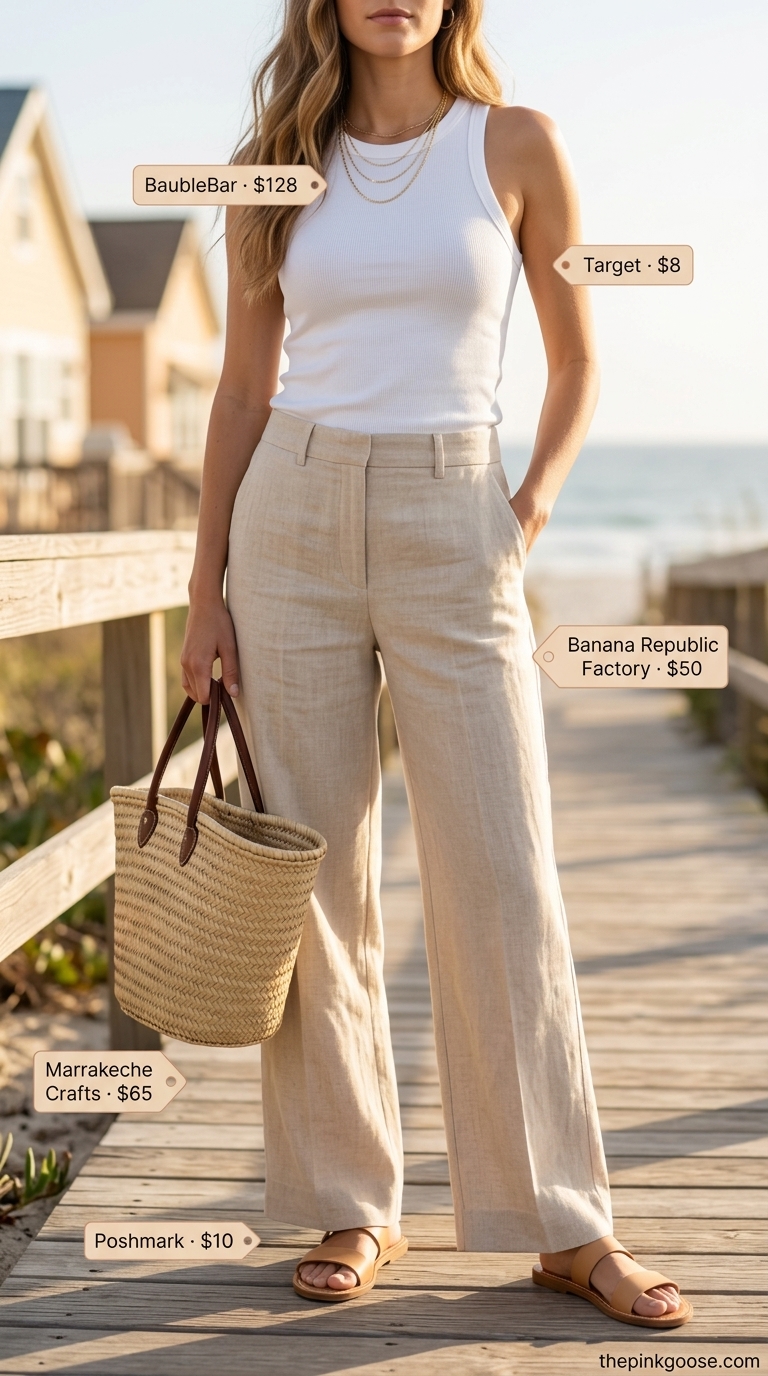 Chic summer fashion outfits for women 2026: Linen pants, white tank, straw tote, leather slides, and layered necklace.