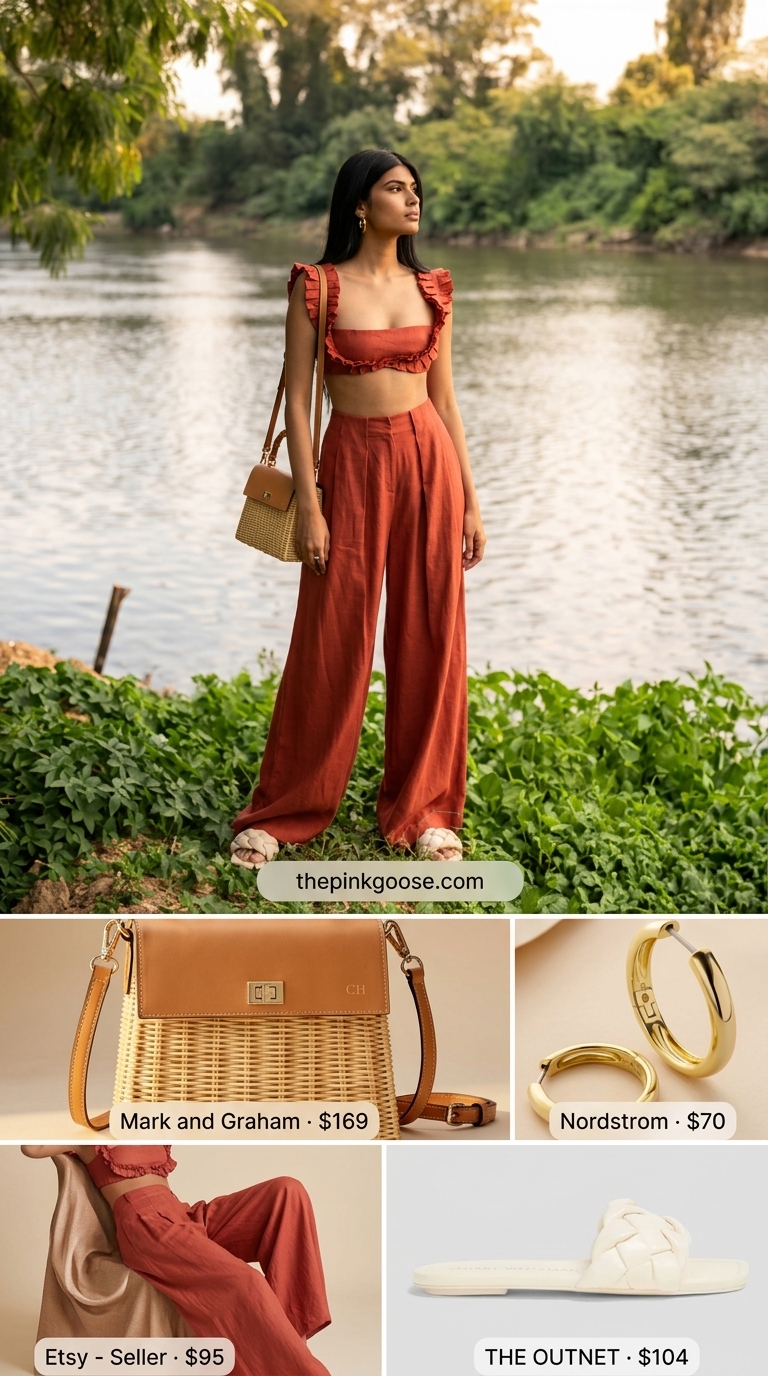 Chic summer fashion outfits for women 2026: Terracotta linen set, straw bag, and gold hoop earrings.