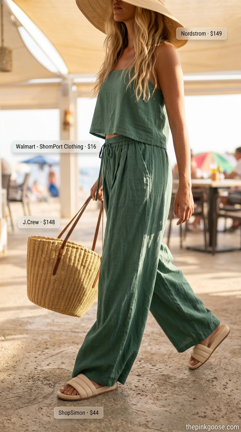 Chic summer fashion outfit: Sage green linen set, flat sandals, and straw hat for travel.