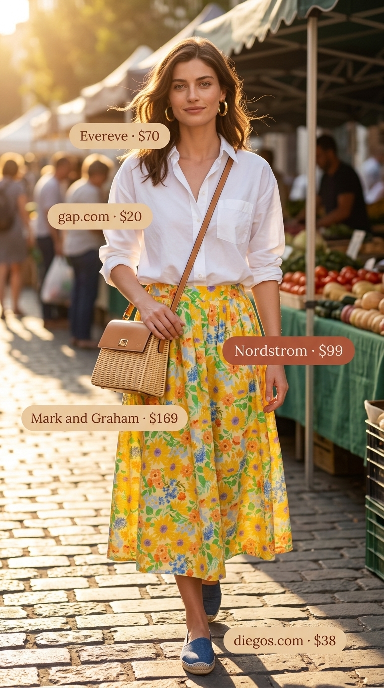 Chic summer fashion outfits for women 2026: Floral midi skirt, white oversized shirt, straw bag, and denim espadrilles.