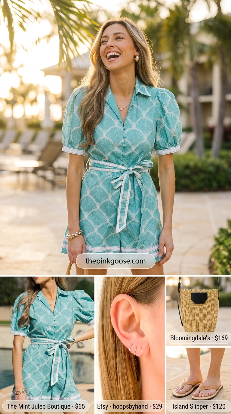 Chic summer fashion outfits for women 2026: Teal & white printed romper, straw bag, gold hoops, and leather sandals.