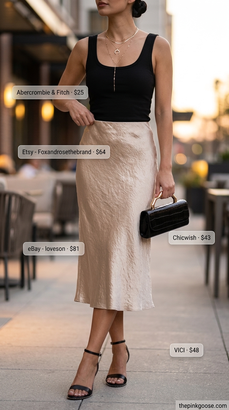Chic summer fashion outfit: Champagne satin midi skirt, black tank, and gold jewelry for evening drinks.