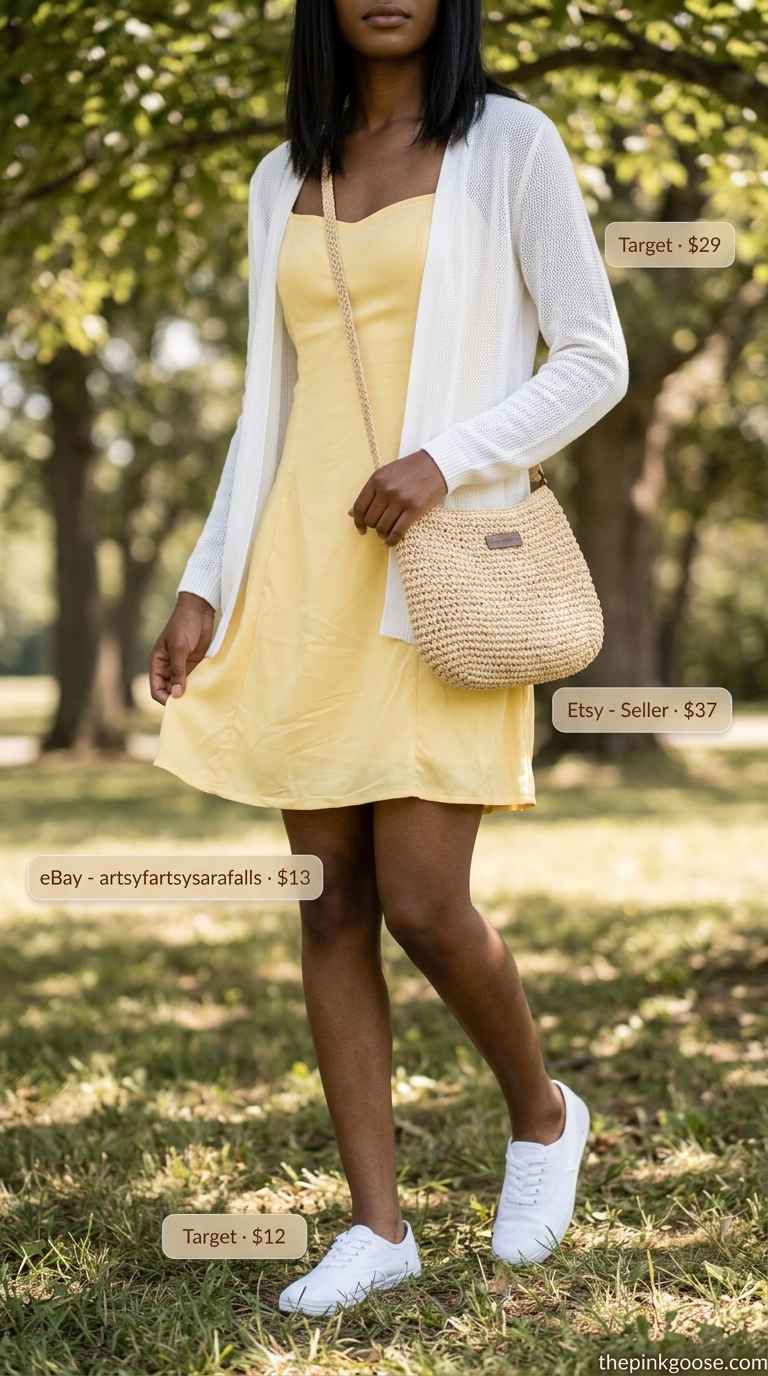 Chic summer fashion outfits for women 2026: Butter yellow sundress, crochet cardigan, straw bag, and canvas sneakers.