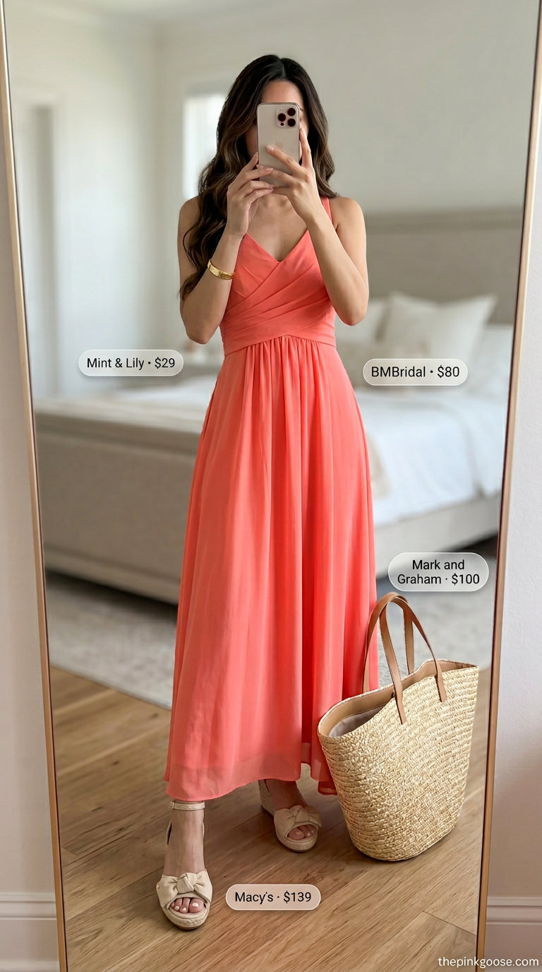Chic summer fashion outfits for women 2026: Coral maxi dress with espadrilles & straw tote for beach dinner.