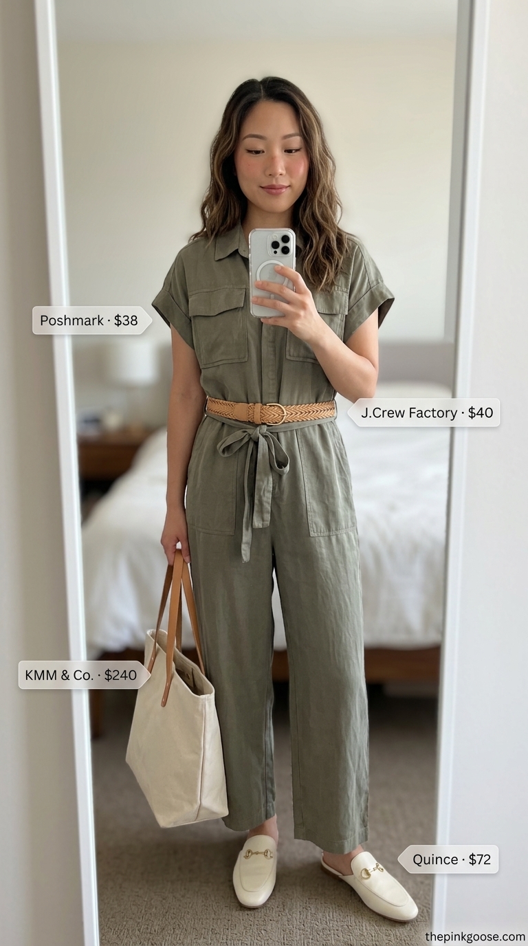 Chic summer fashion outfits for women 2026: Olive green jumpsuit, woven belt, canvas tote.