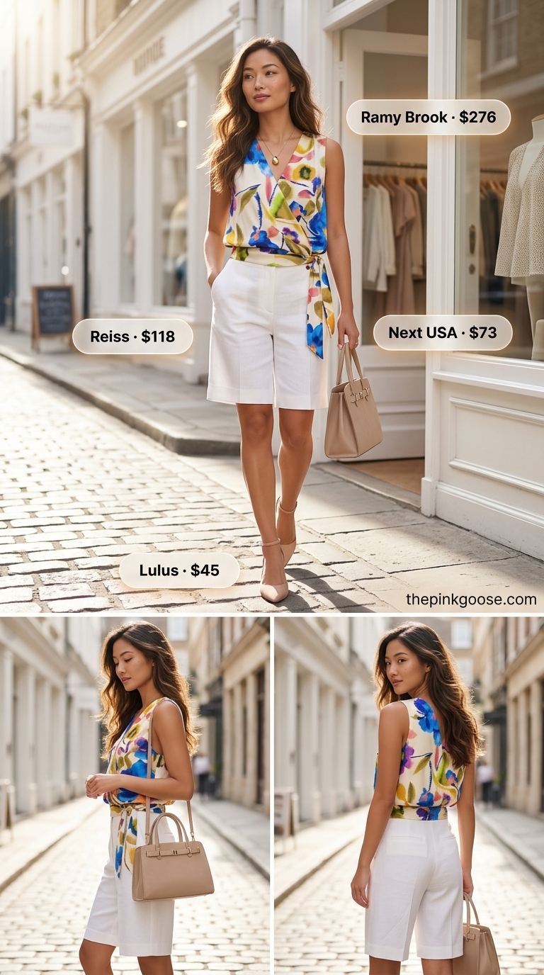 Chic summer fashion outfits for women 2026: White tailored shorts, printed silk blouse, nude heels.