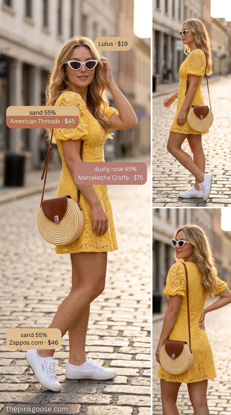 Chic summer fashion outfits for women 2026: Yellow sundress with sneakers & straw bag for picnic.