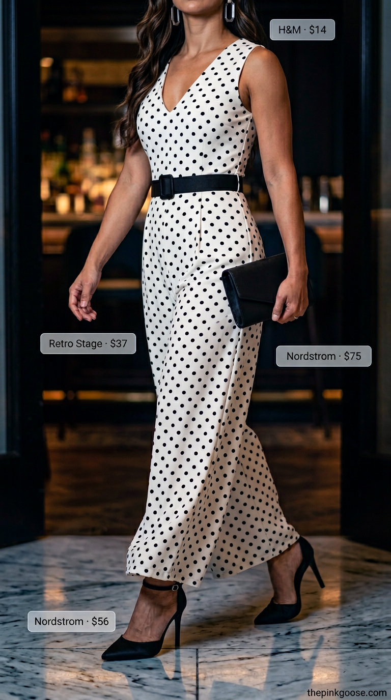 Sophisticated black and white polka dot jumpsuit outfit for women 2026, for evening events.