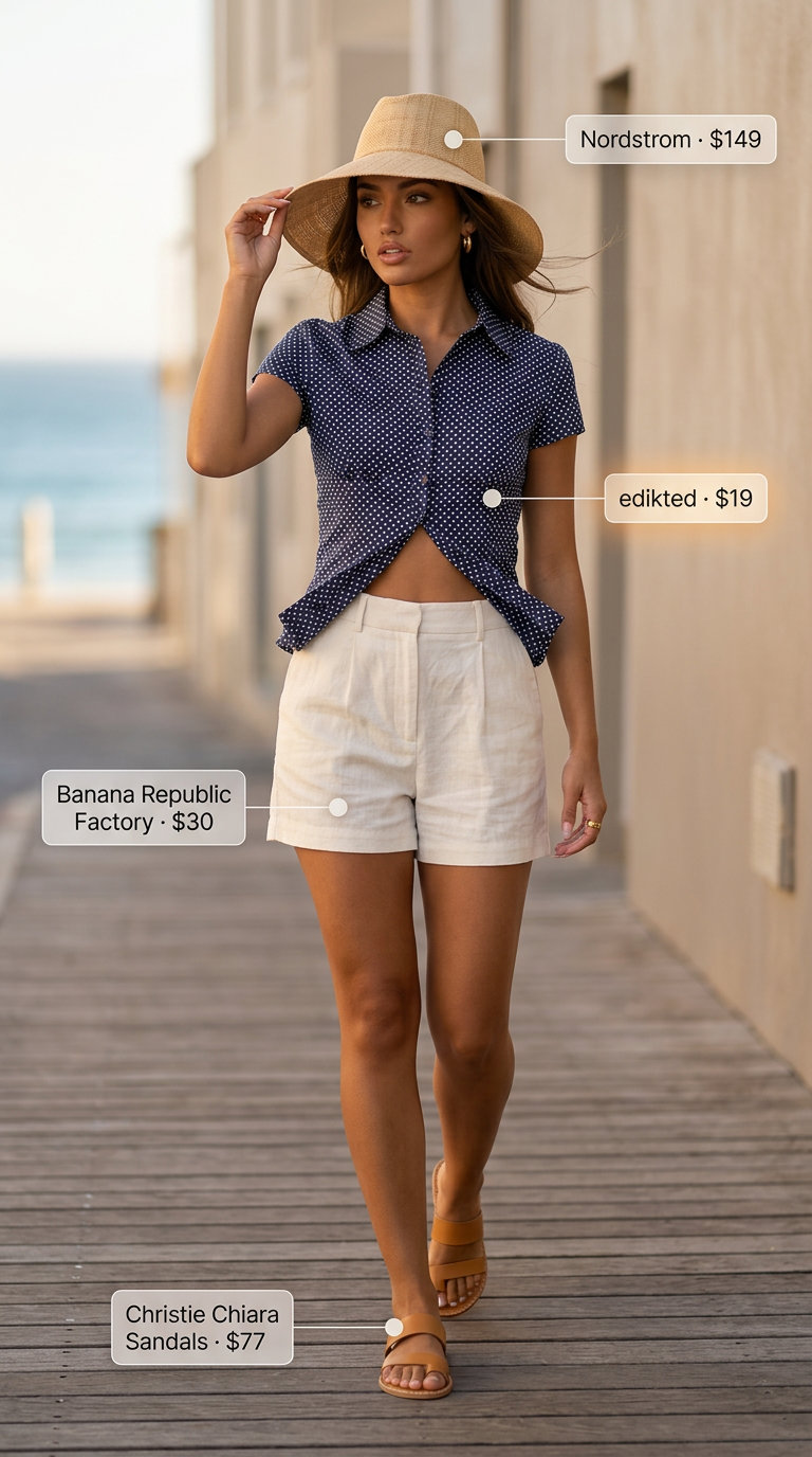 Classic summer polka dots outfits for women 2026: Fresh navy & white polka dot blouse with linen shorts for coastal vibes.