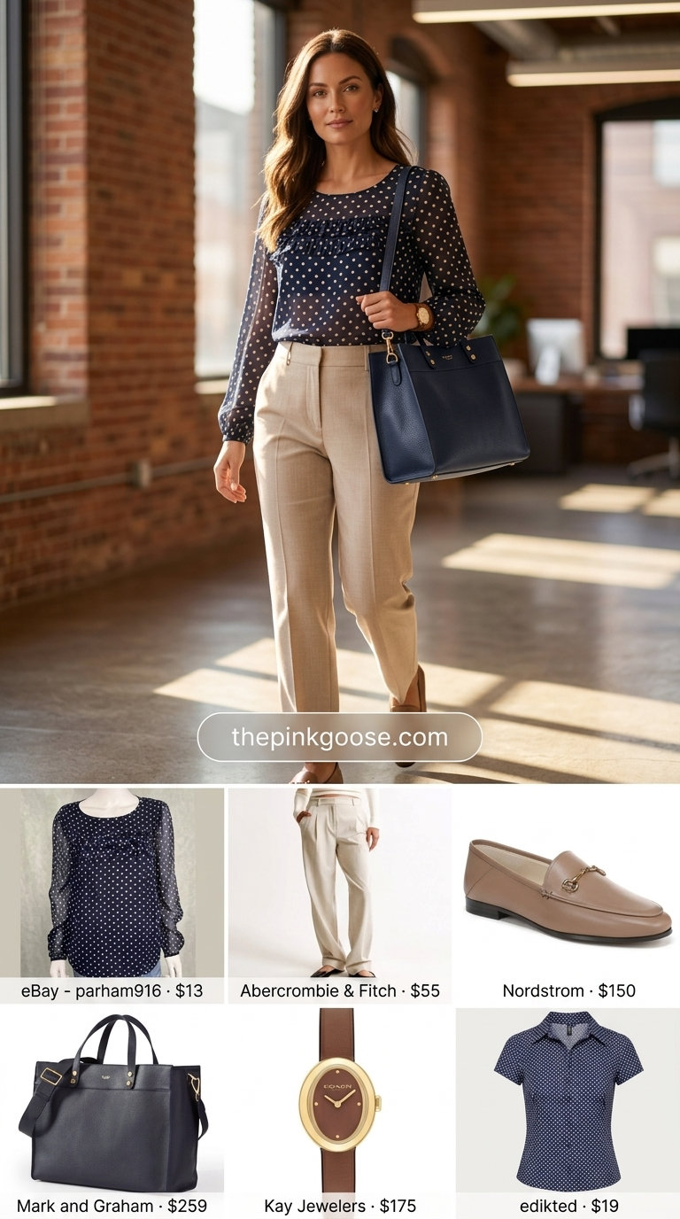 Classic summer polka dots outfits for women 2026: Navy polka dot blouse, beige trousers, leather loafers, structured tote.