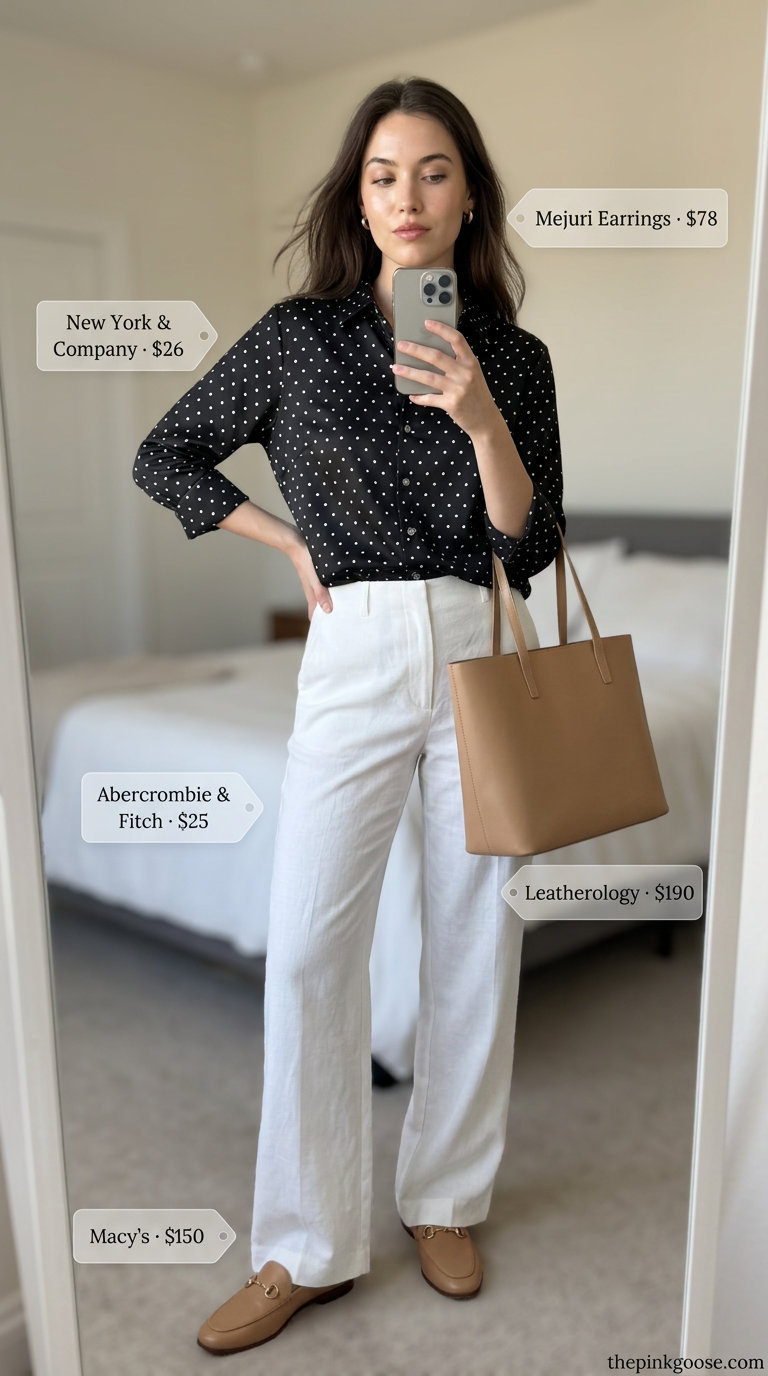 Classic summer polka dots outfits for women 2026: Black & white polka dot shirt, white wide-leg trousers, loafers, tote.
