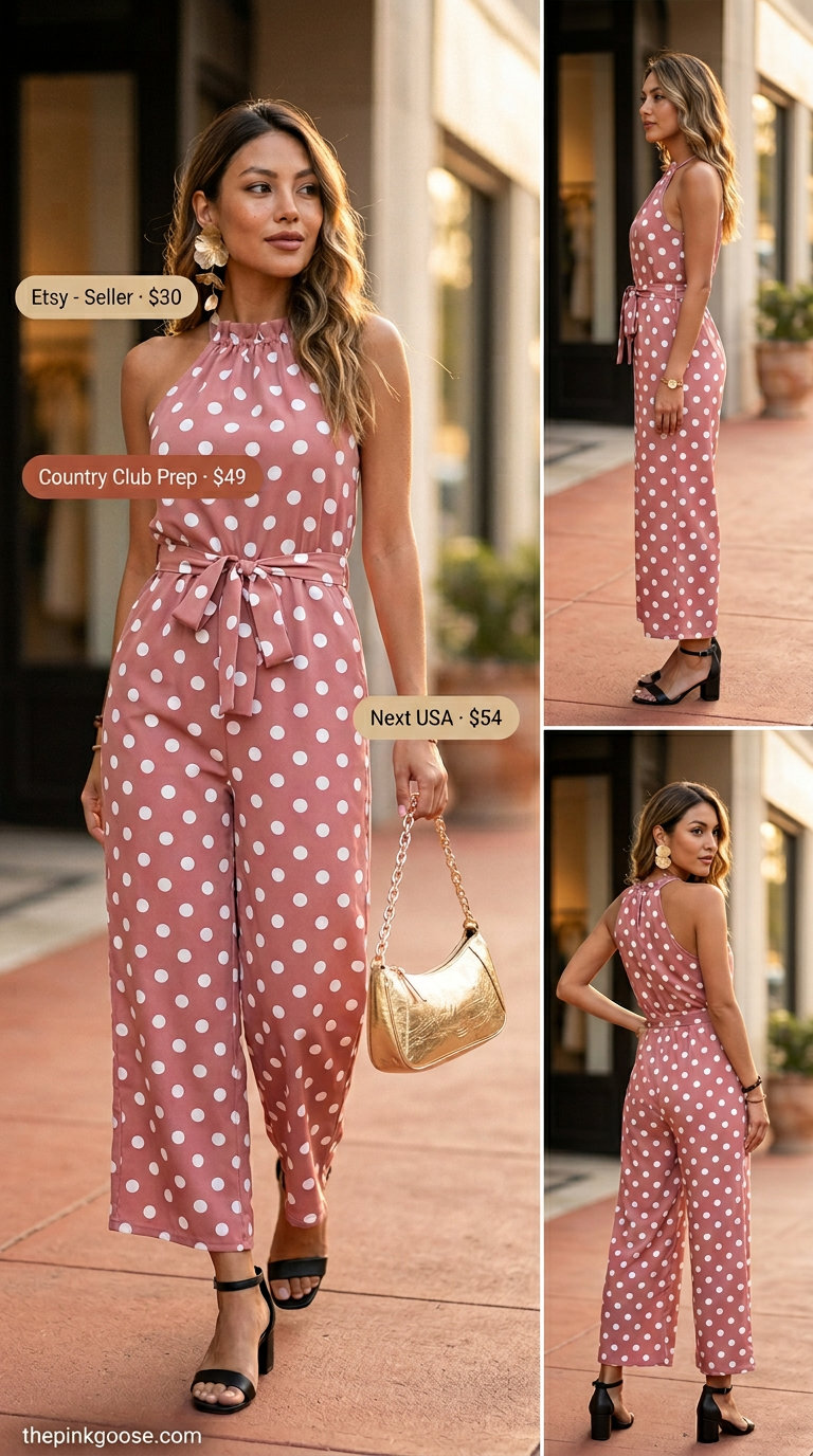 Classic summer polka dots outfits for women 2026: Playful pink & black polka dot wide-leg jumpsuit for date nights.