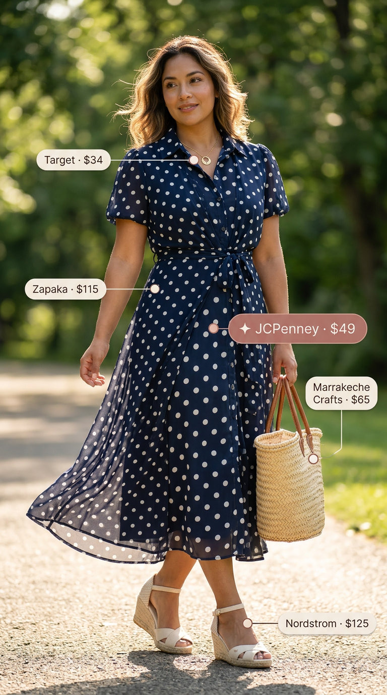 Classic summer polka dots outfits for women 2026: Playful navy & white polka dot midi dress for picnics and casual outings.