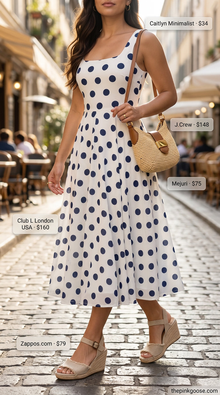 Chic navy and white polka dot midi dress outfit for women 2026, great for summer brunch.