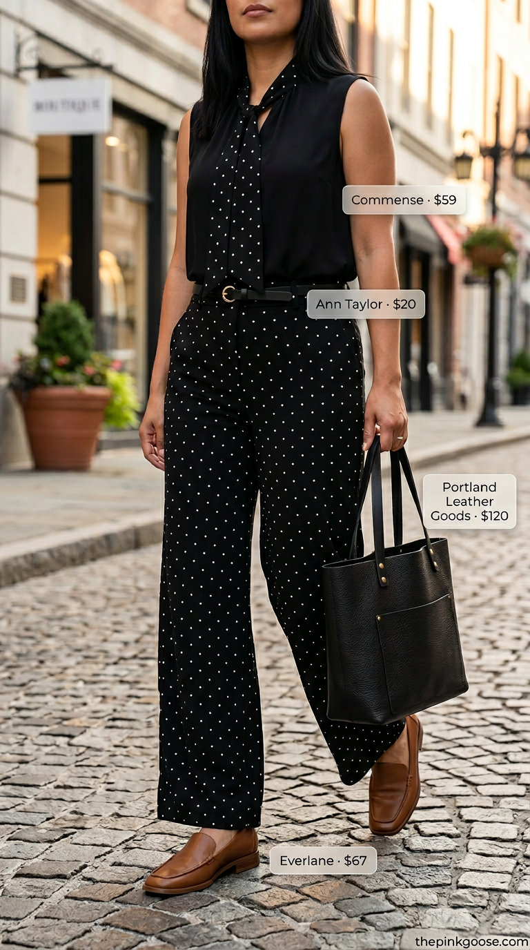 Classic summer polka dots outfits for women 2026: Chic black & white polka dot pantsuit for smart casual & business casual.