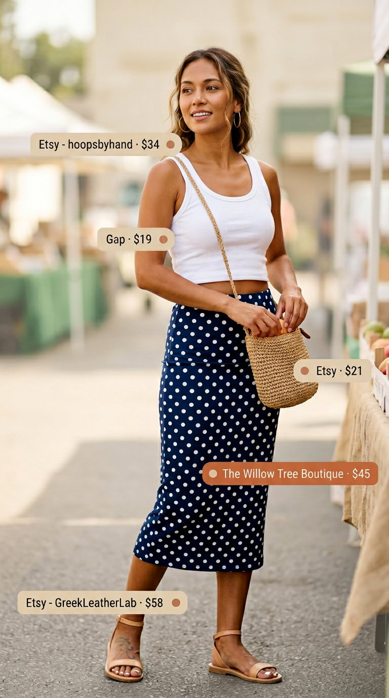 Classic summer polka dots outfits for women 2026: Navy & white polka dot midi skirt, white tank, sandals, straw crossbody.