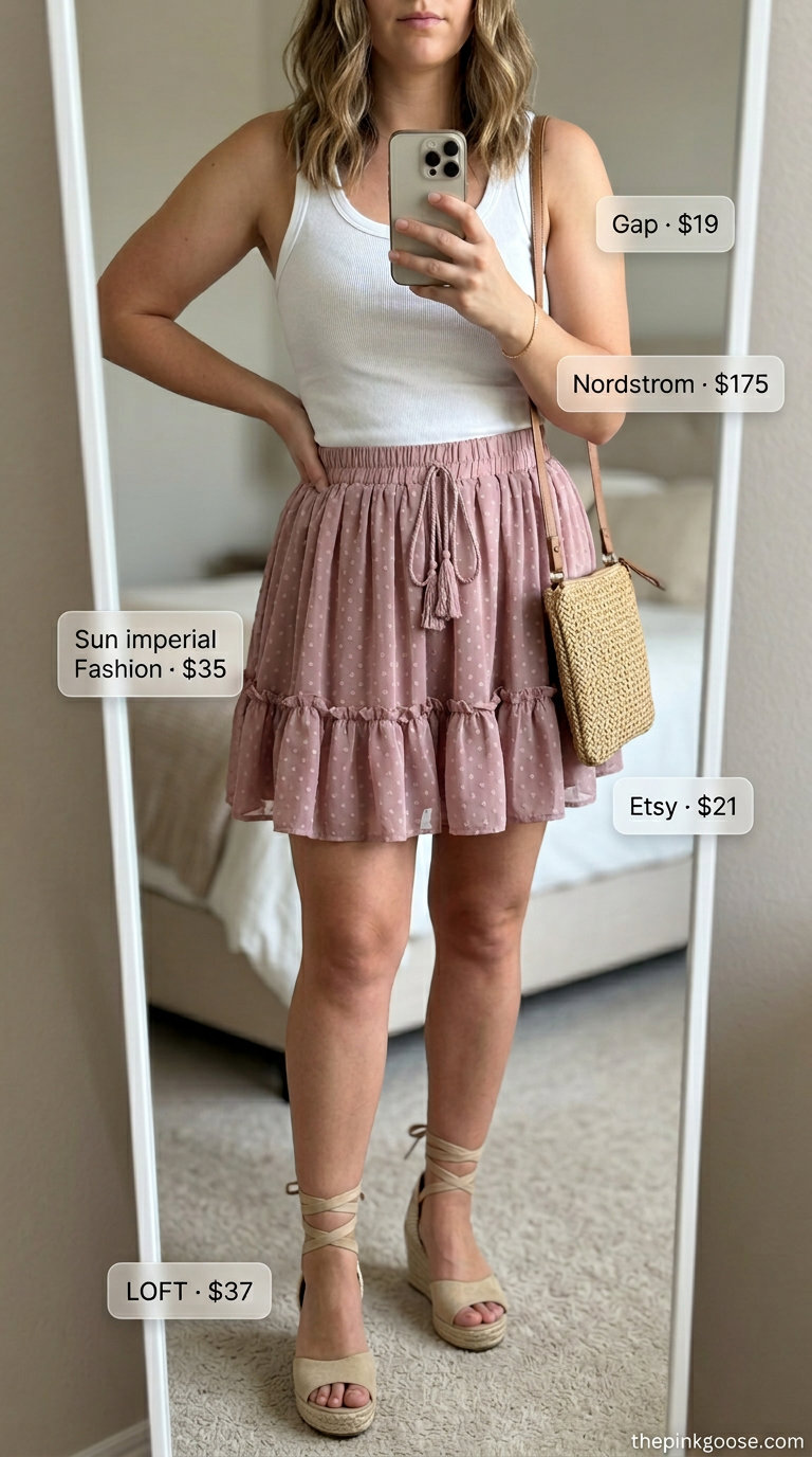 Classic summer polka dots outfits for women 2026: Pink & white polka dot mini skirt, white tank, espadrilles, woven crossbody.